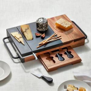 imageWine Enthusiast Cheese Prep and Serve Station  Acacia Wood and Marble Cutting Board with Builtin Cheese Slicer 3 Knife Set ampamp Iron Handles  Perfect for Charcuterie Boards ampamp Wedding Gifts